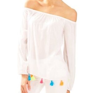 LILLY PULITZER White Enna Off-The-Shoulder Top with Neon Tassels